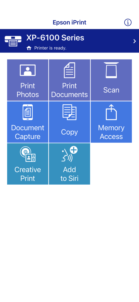 Main dashboard of the Epson iPrint app showing features like print photos print documents and scan