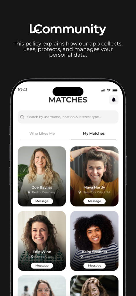 L Community - L Community app matches screen showing female profiles and messaging options