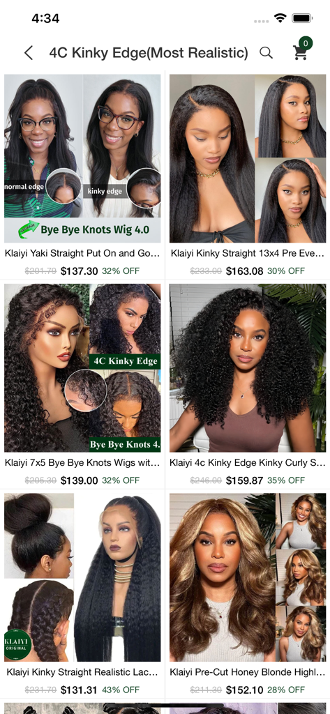 Klaiyi - Product catalog in the Klaiyi app featuring realistic human hair wigs with kinky edges and various styles.