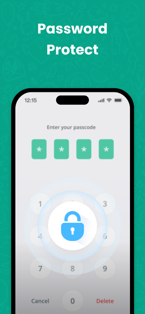 Écran de smartphone montrant la fonction de protection par mot de passe de l'application de double chat WAAI avec une interface de saisie de code d'accès.