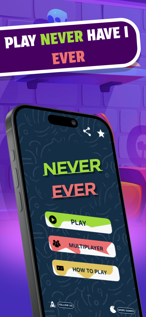 Never Ever:Offline Game - Écran du menu principal du jeu de soirée Never Ever avec des options pour jouer et le mode multijoueur.