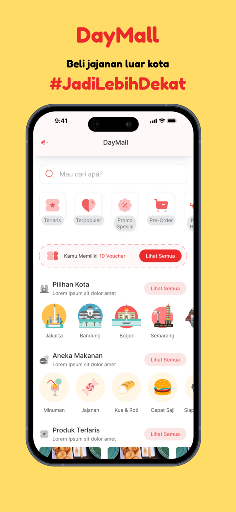 DayTrans - DayTrans app interface showing the DayMall feature for ordering food across cities in Indonesia