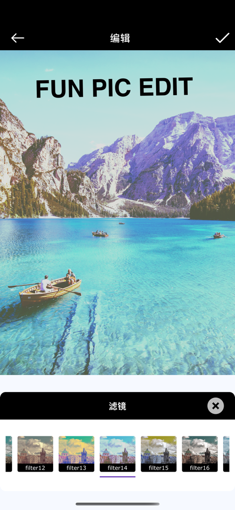 TicPic - Interfaccia dell'app TicPic che mostra una foto di un lago di montagna in fase di modifica con varie opzioni di filtro.