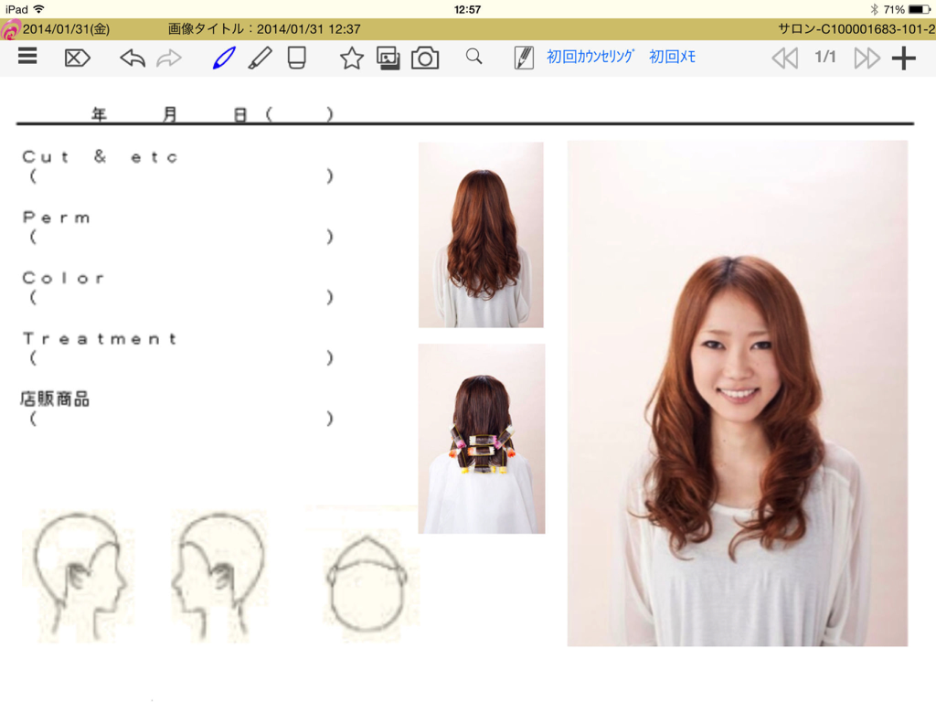 Registro digital de cliente de salão mostrando histórico de serviços de cabelo e fotos em uma tela de iPad.