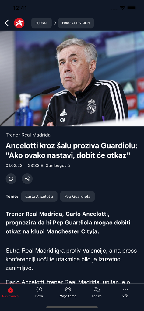 Screenshot of the SportSport.ba app featuring a football news article with Carlo Ancelotti