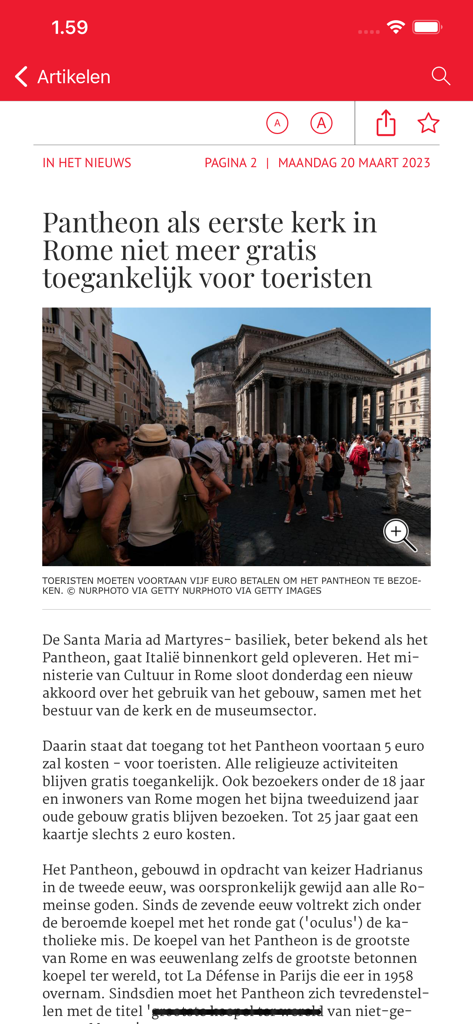 De Morgen Print Editie - Screenshot of a news article about the Pantheon in the De Morgen Print Editie app.