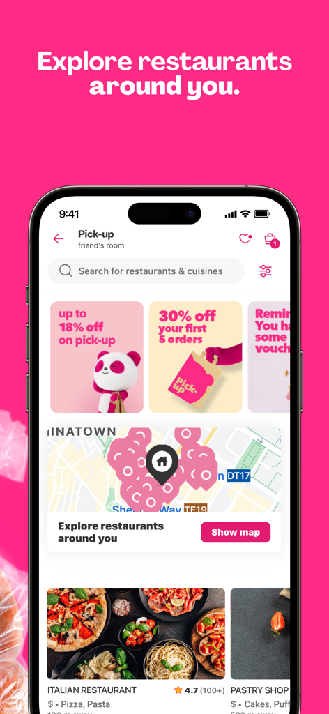 foodpanda mobile app showing restaurant search and discovery with map view