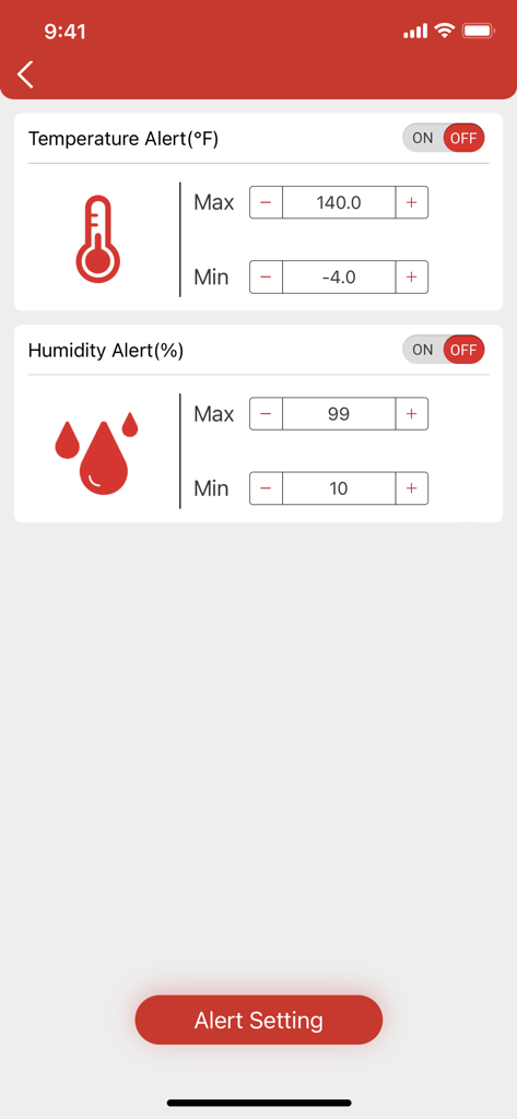 ThermoPro Sensor - Temperature and humidity alert configuration screen in the ThermoPro Sensor app.