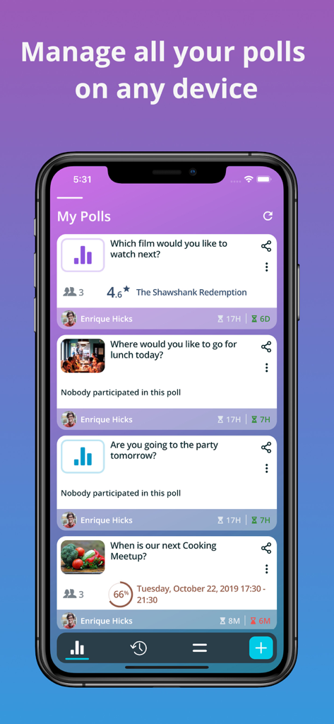 A mobile screen showing a dashboard with multiple polls for group decision making
