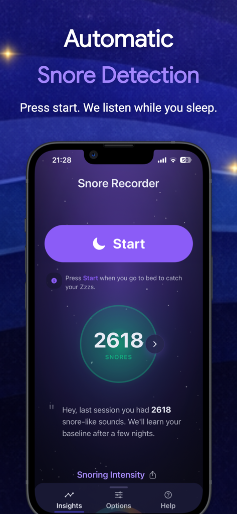 自動いびき検出と記録されたいびき数を表示するAutoSnoreアプリ画面。