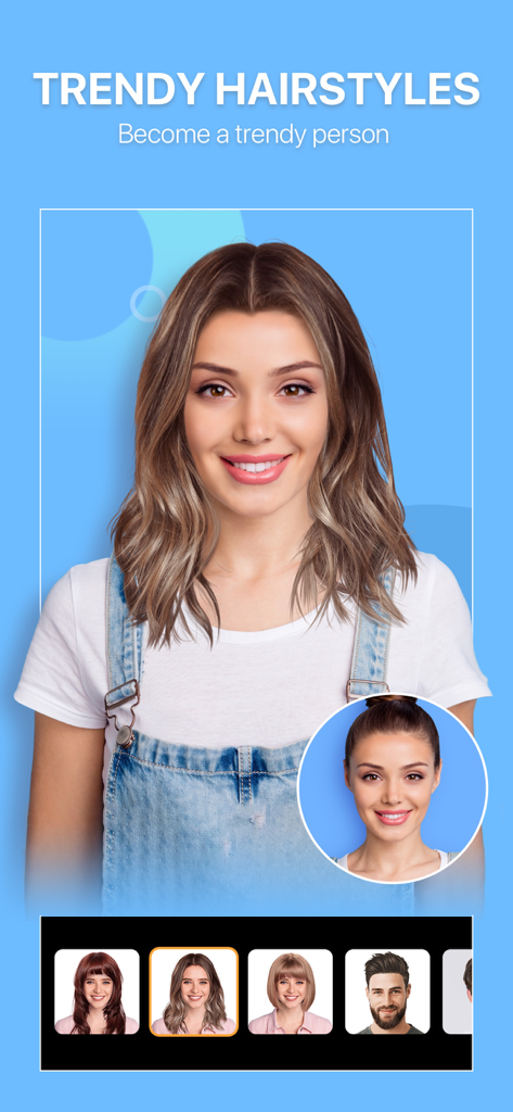 Tempi Art-Cartoon&AnimatePhoto - Mobile app interface of Tempi Art showing the trendy hairstyles try-on feature with various hair length and color options