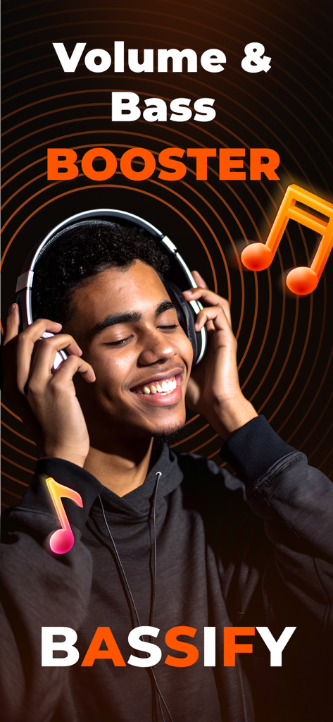 Volume Booster & Bass: Bassify - A young man smiling while wearing headphones and using the Bassify audio enhancement app