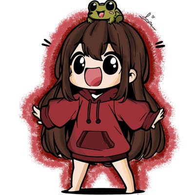 a excited chibi girl whith long hair and a baggy shirt whith a frog on there head