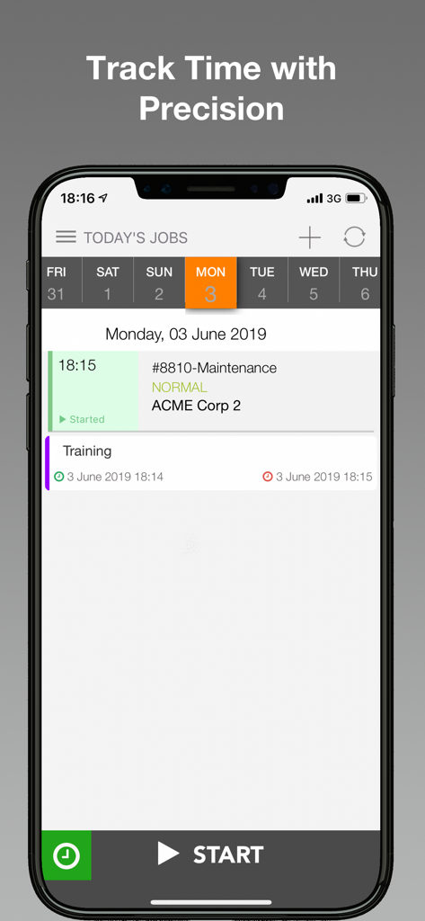 Synchroteam app interface showing daily work schedule and precise time tracking feature