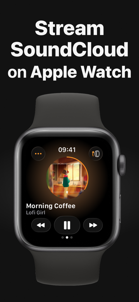 WatchCloud - WatchCloud app playing a lofi music track on an Apple Watch interface.