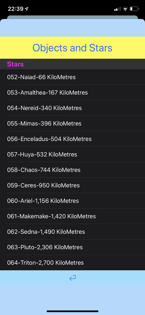 A list of celestial objects and stars with their sizes in kilometers