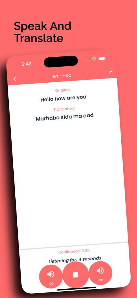 Pantalla de la aplicación móvil que muestra una traducción de voz del inglés al somalí para la frase Hola, ¿cómo estás.