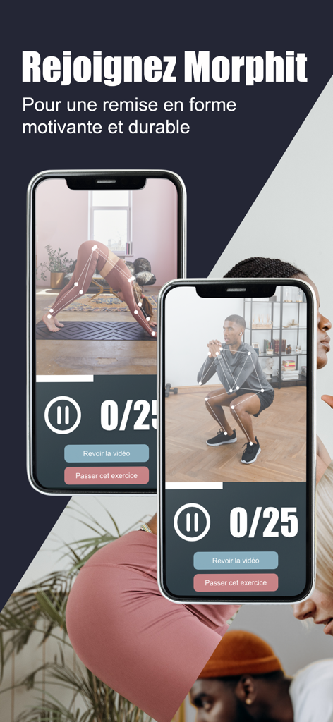 Morphit - Morphit app interface showing real-time AI motion tracking for squats and yoga exercises