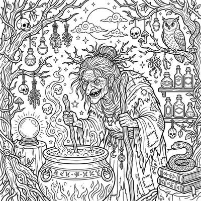 Step into a world of folklore and magic with this detailed Hag's Cauldron coloring page, specially designed for seniors. Enjoy clear outlines and captivating elements, perfect for a relaxing and engaging artistic journey.