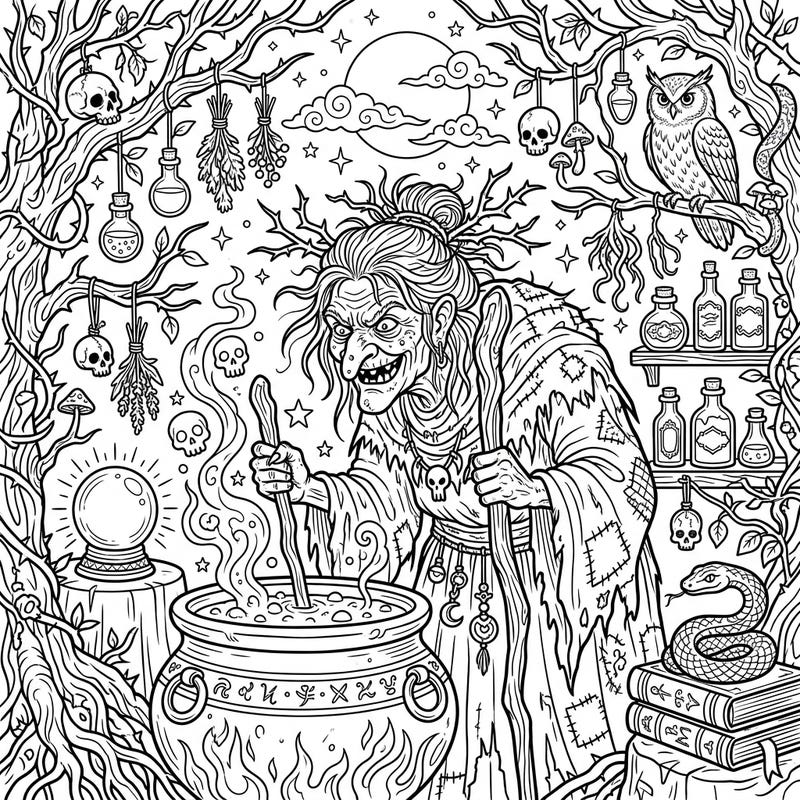 Step into a world of folklore and magic with this detailed Hag's Cauldron coloring page, specially designed for seniors. Enjoy clear outlines and captivating elements, perfect for a relaxing and engaging artistic journey.