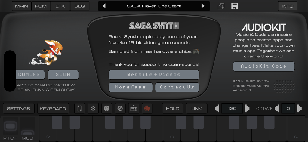 SAGA Synth | 16-Bit Sonic Fun! - Pantalla de información de la aplicación SAGA Synth con gráficos retro de videojuegos de 16 bits y una interfaz de teclado musical