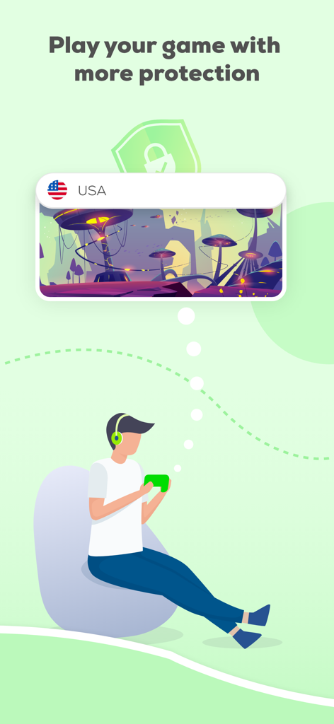 SureVPN: Fast & Secure VPN - An illustration of a person playing a handheld game with secure VPN protection and a USA server connection