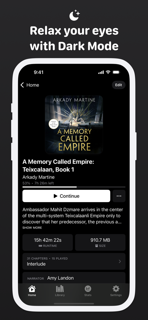 Every Word: Audiobook Player - Every Word audiobook player interface in dark mode featuring a book cover and playback details