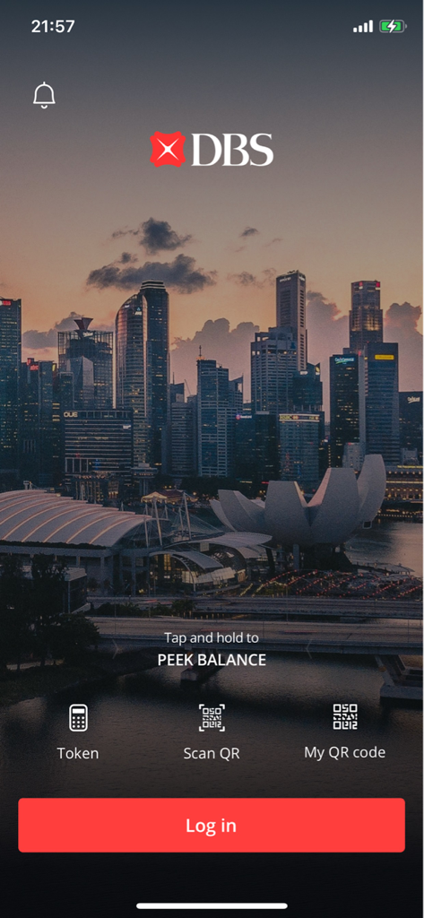 DBS IDEAL Mobile - DBS IDEAL Mobile corporate banking app login screen with a Singapore city skyline background