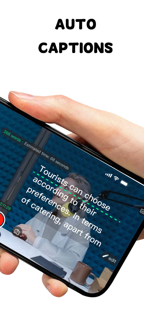Teleprompter & Captions-TeCap - TeCap app interface showing auto captions and scrolling text on a smartphone screen during video recording