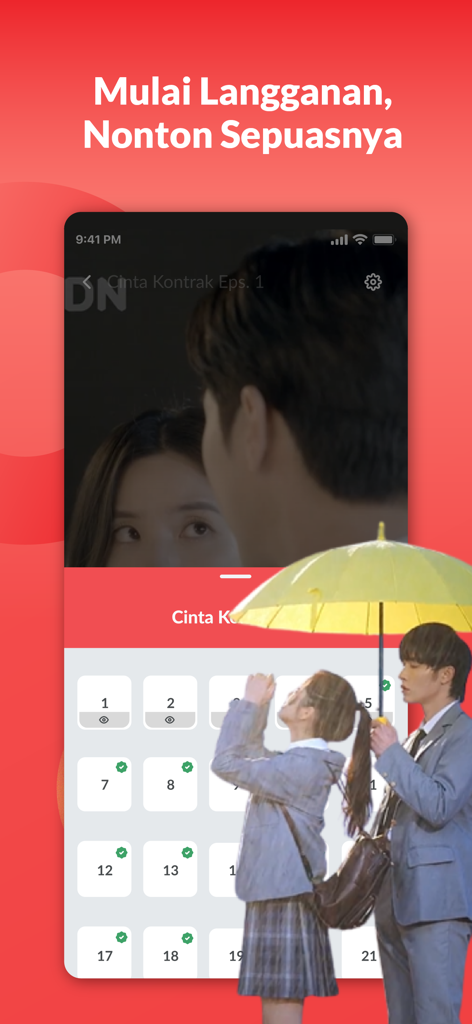 IDN App interface showing a list of episodes for watching romantic short dramas.