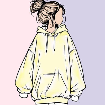 realistic girl with a oversized sweatshirt on and a bun