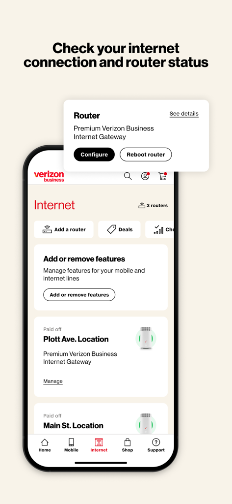 Uno smartphone che mostra la schermata di gestione dello stato della connessione Internet e del router nell'app My Verizon For Business.