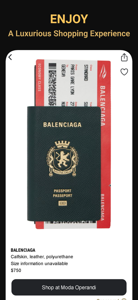 Luxury Brands Search｜CHERCHER - Page produit dans l'application CHERCHER montrant un porte-passeport en cuir de veau Balenciaga avec un bouton 'Acheter chez Moda Operandi'.