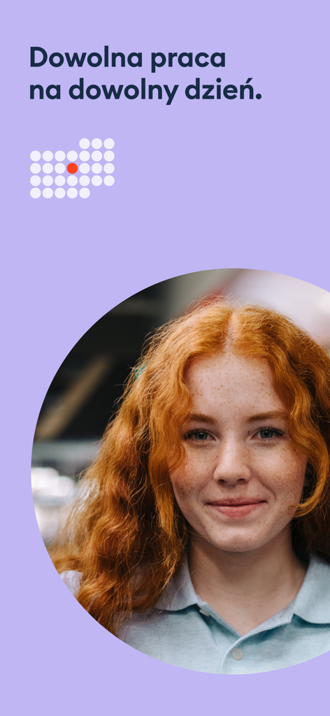 A young woman smiling on a purple background with text promoting flexible daily work