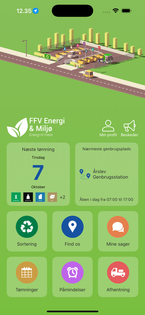 FFV Affaldsguide app dashboard showing waste collection schedule and recycling center information
