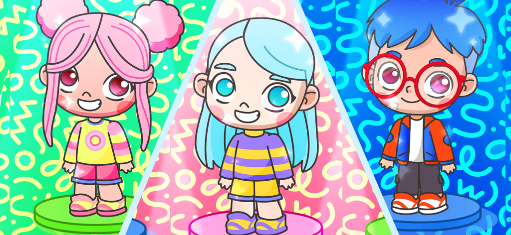 PlayWorld: Create Your Story - Three stylized cartoon characters with colorful hair and outfits from the PlayWorld app.