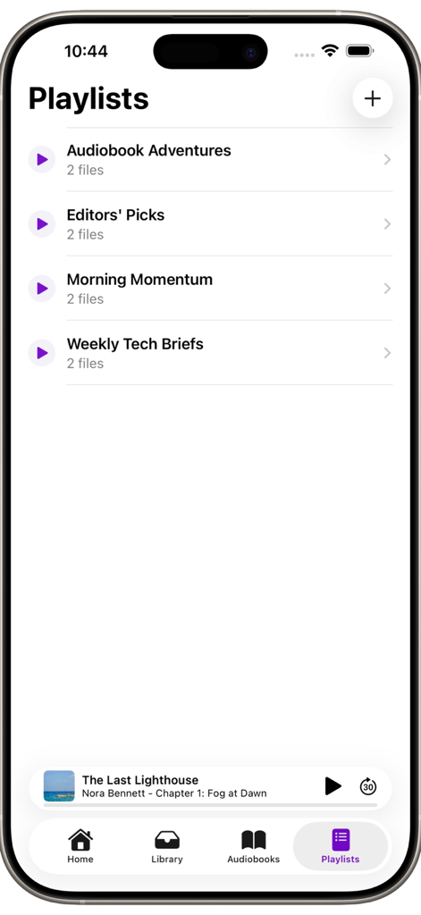 Aucast - mp3 audiobook player - Aucast mobile app showing the Playlists screen with a list of audiobook collections and a playback bar at the bottom.