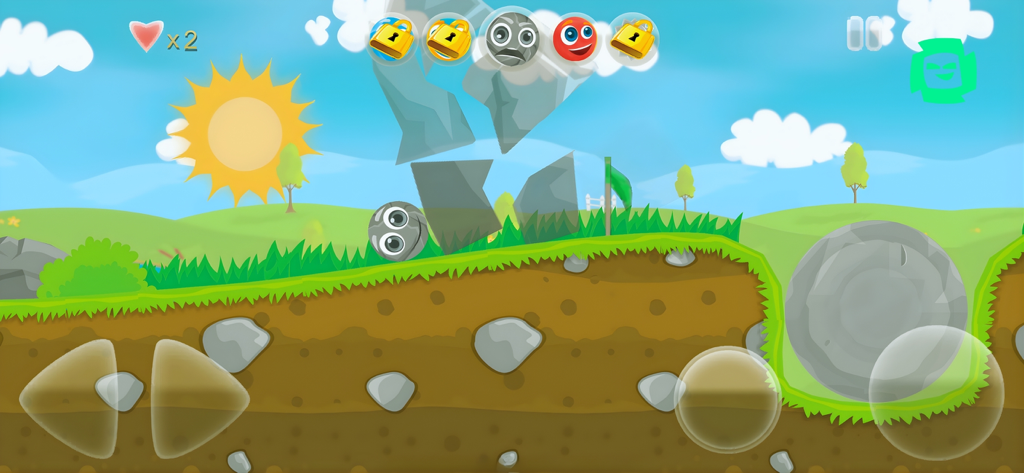 Gameplay of Bounce Tales showing a stone ball character rolling through a sunny green level with physics obstacles.