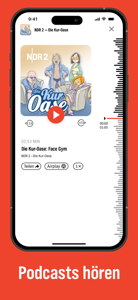 コメディ「Die Kur-Oase」のエピソードでポッドキャストプレーヤーを表示するNDR 2アプリのインターフェース