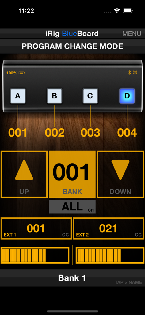 iRig BlueBoard - Interfaz de la aplicación iRig BlueBoard mostrando el modo de cambio de programa MIDI y la configuración de pedales virtuales