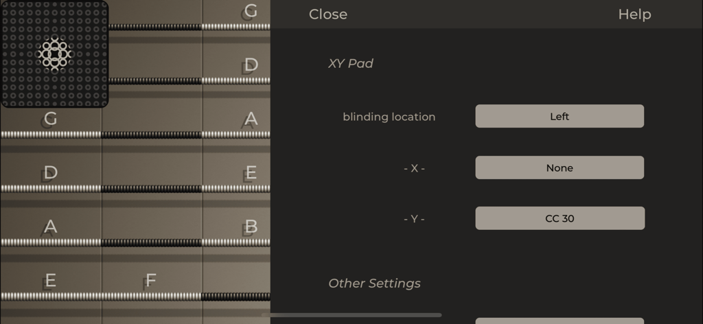 iFretless Brass - iFretless Brass XY pad configuration menu over fretboard interface