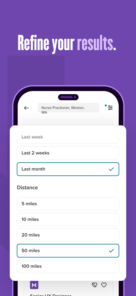 Monster Job Search App-Oberfläche zum Verfeinern von Suchergebnissen nach Veröffentlichungsdatum und Entfernung