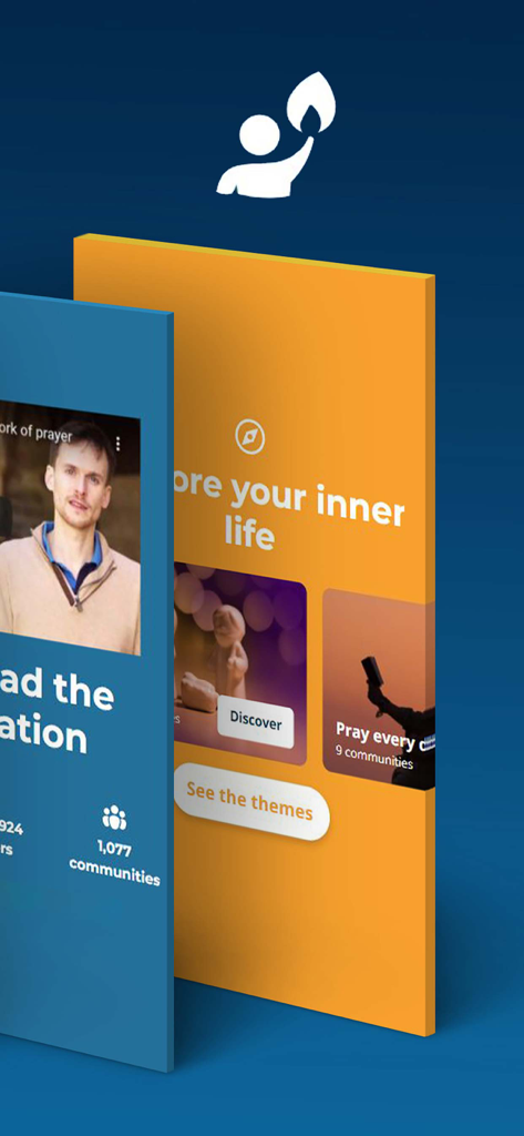 Una muestra de las pantallas de la aplicación de oración cristiana Hozana que muestran temas espirituales y funciones de participación comunitaria