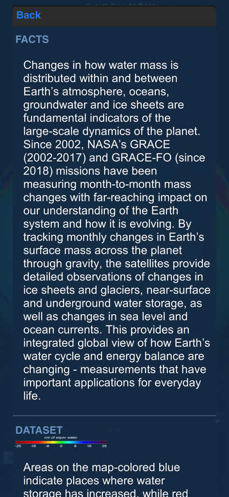 Tela de fatos no aplicativo Earth-Now detalhando a distribuição global da massa de água e os dados da missão GRACE da NASA