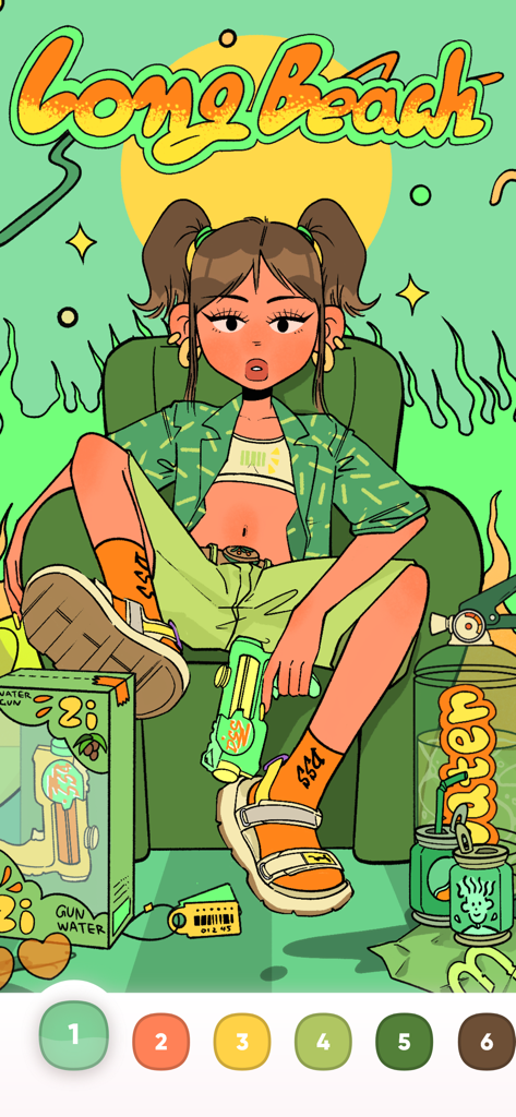 Ästhetische Anime-Illustration eines Mädchens in der Color Time Malen-nach-Zahlen-App-Oberfläche