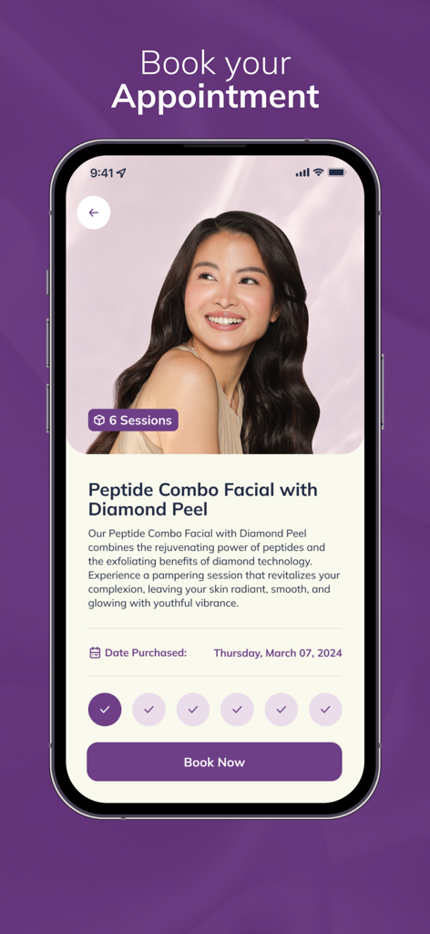 SkinStation Online app appointment booking screen for a peptide combo facial treatment