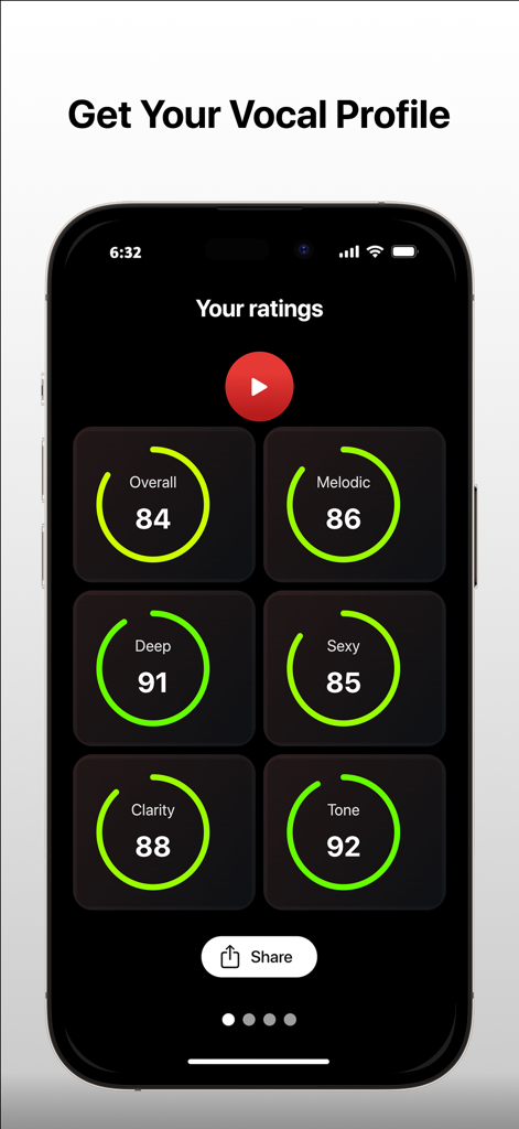 MyTone - Singing & Vocal Coach - MyTone app screen showing AI vocal ratings for depth clarity and tone