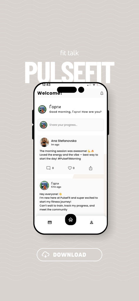 Interfaccia del feed social dell'app PulseFit MK che mostra aggiornamenti della community di fitness