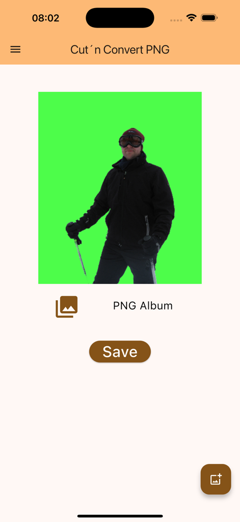 A screenshot of the Cut n Convert PNG app showing a person on a green background ready to be saved as a transparent image.