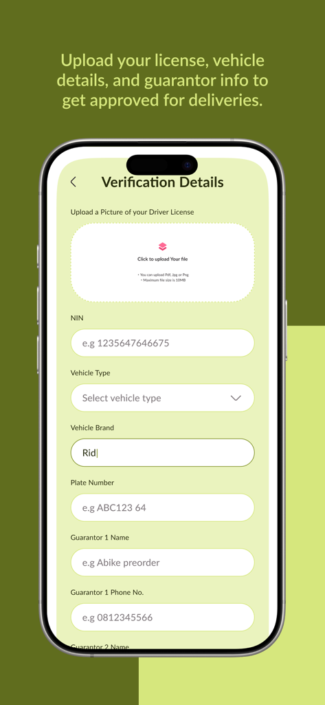 Fazt Rider - Pantalla de detalles de verificación para el registro del personal de entrega de Fazt Rider